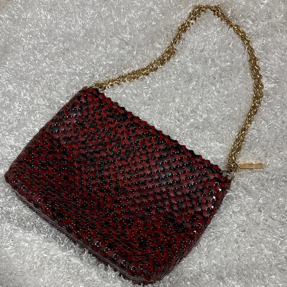 Mesh whiting & Davis co red purse with gold chain strap